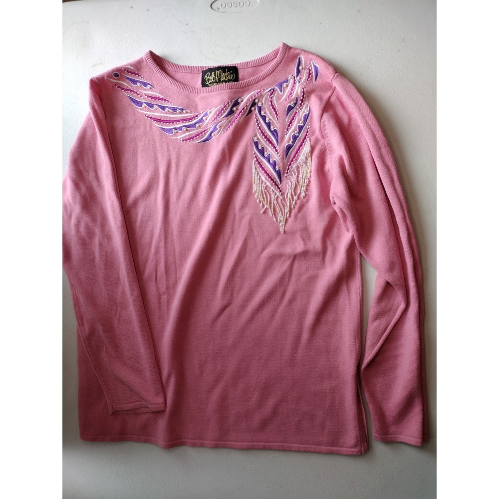 Bob Mackie Wearable Art Pink Beaded Embroidered Sweater Long Sleeve Medium